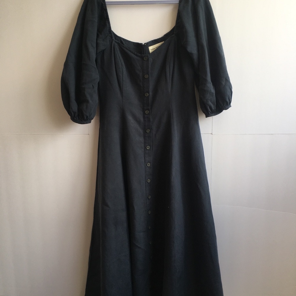 Mara Hoffman Mika Puff-Sleeve Linen Blend Button-Front Maxi Dress in Navy Blue - Picture 4 of 12